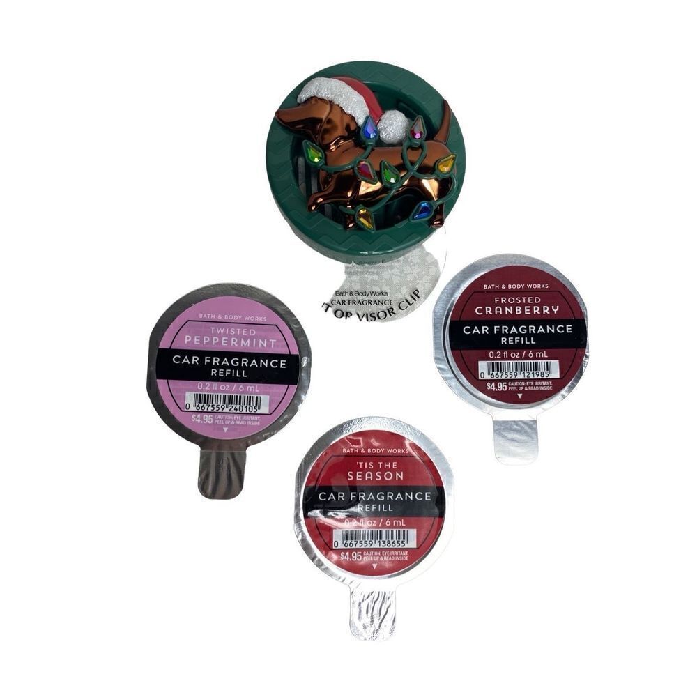 Bath and Body Works CHRISTMAS DOG Visor Clip and 3 Car Fragrance Refills
